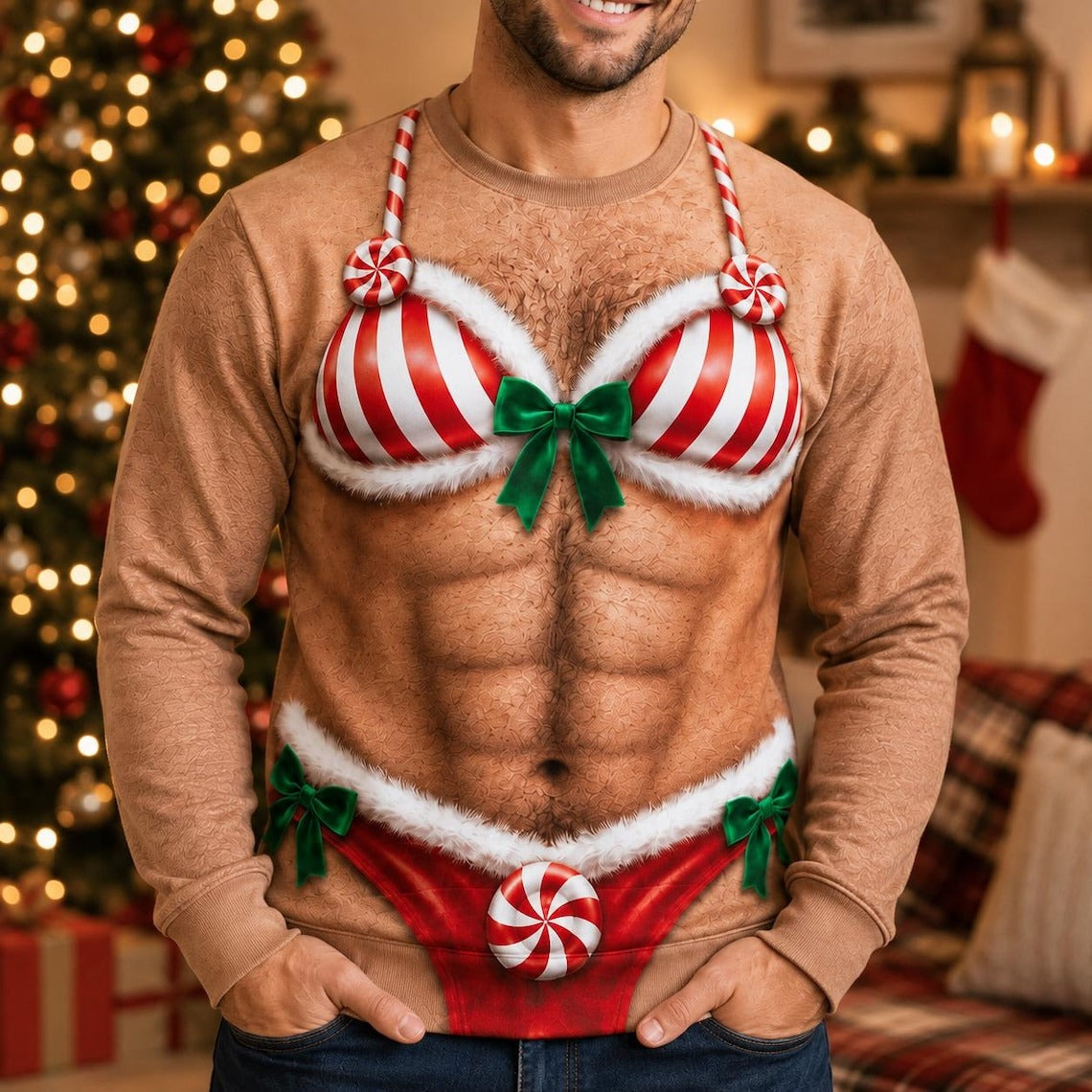 Personalized Funny Christmas Sweatshirt – Fake Body Abs