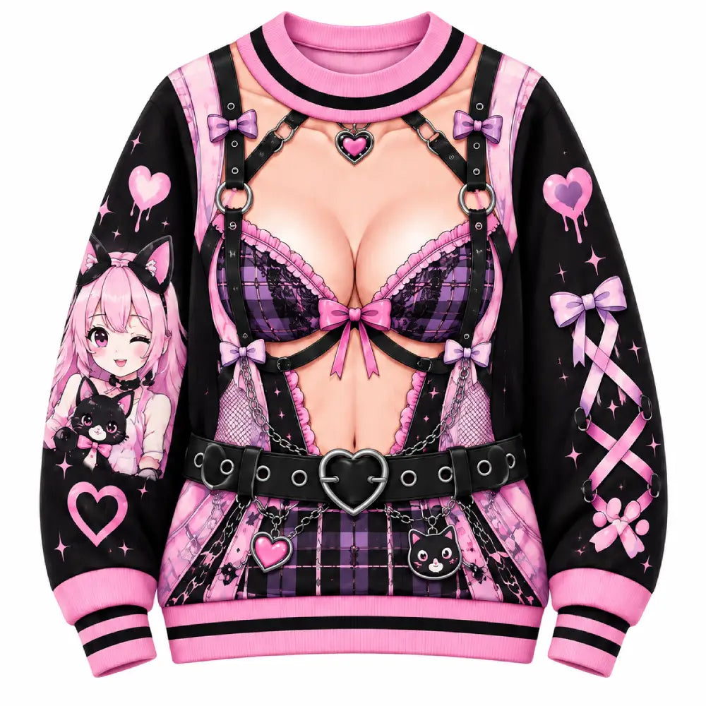 Kawaii Gothic Christmas Illusion Sweatshirt, Funny Anime Pink & Purple Printed Christmas Crewneck