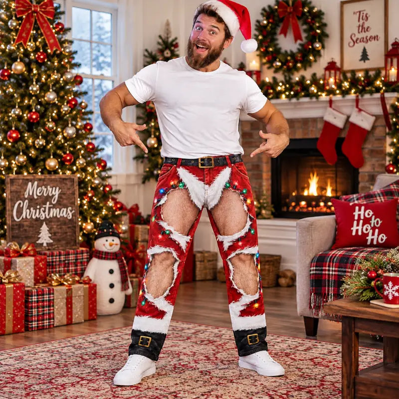 Funny Santa Ripped Illusion Christmas Pajama Pants – Naughty But Nice Holiday Lounge Pants