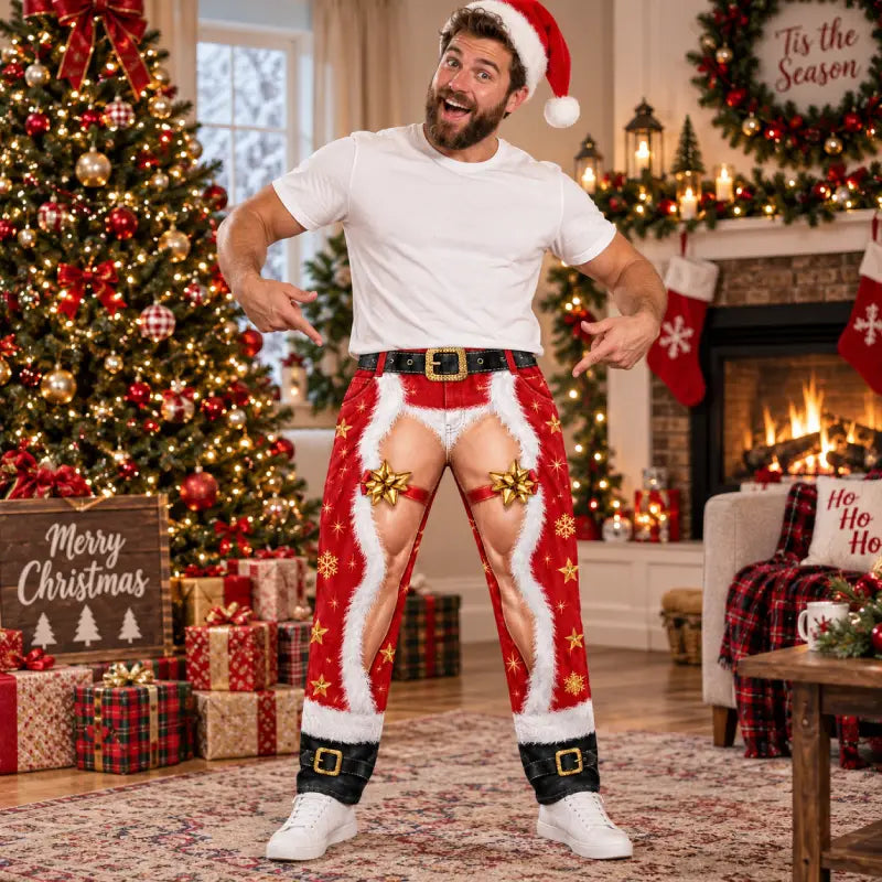 Funny Santa Ripped Illusion Christmas Pajama Pants – Faux Belt Holiday Lounge Pants
