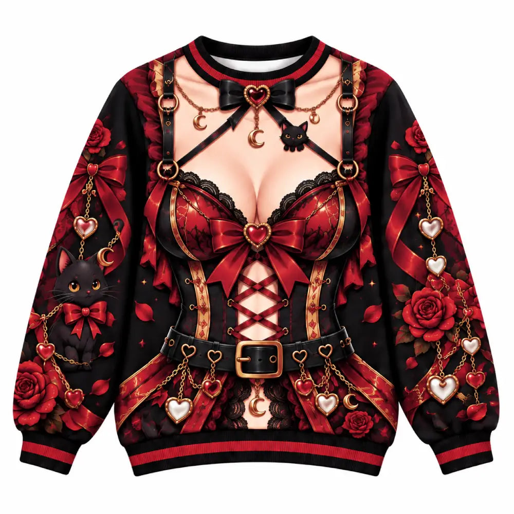 Dark Kawaii Christmas Illusion Sweatshirt, Gothic Anime Rose & Black Cat Funny Christmas Crewneck