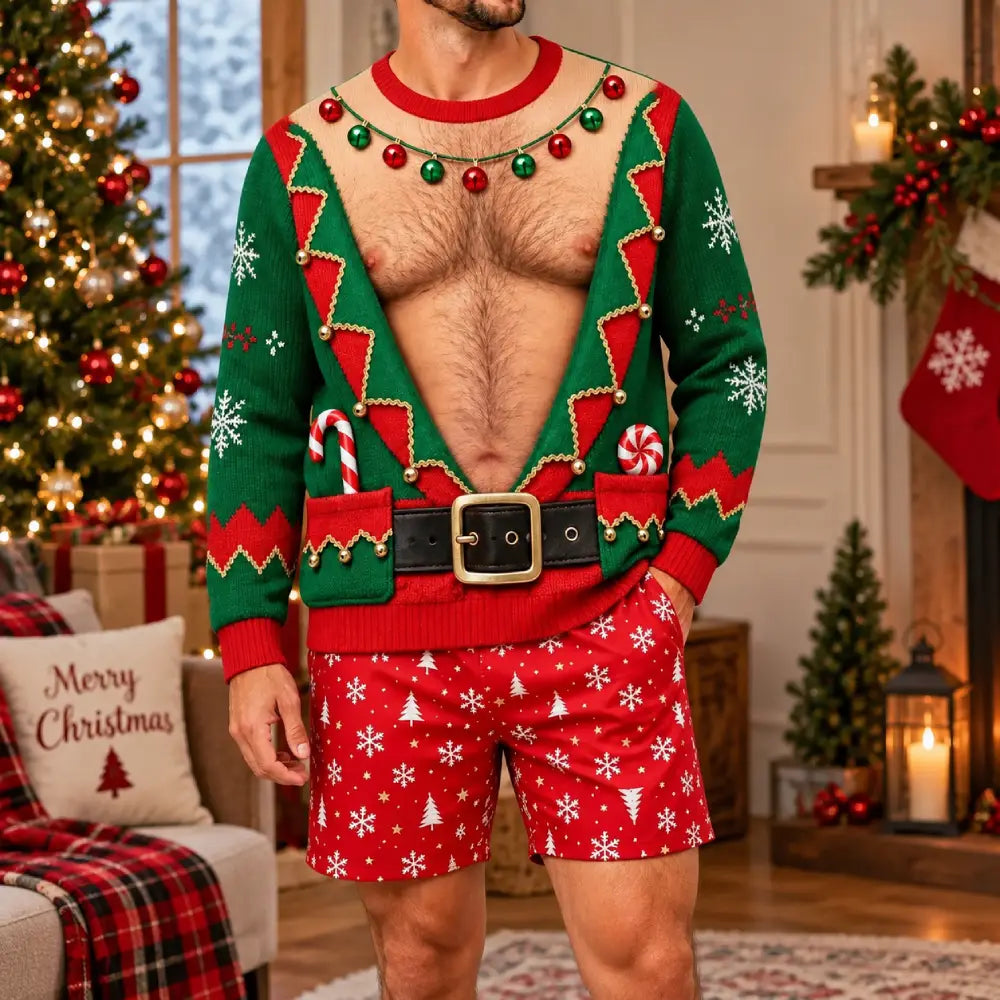 Funny Christmas Sweater for Men, Optical Illusion Ugly Christmas Sweater, Fake Open Chest & Belt Design, Novelty Holiday Party Gift