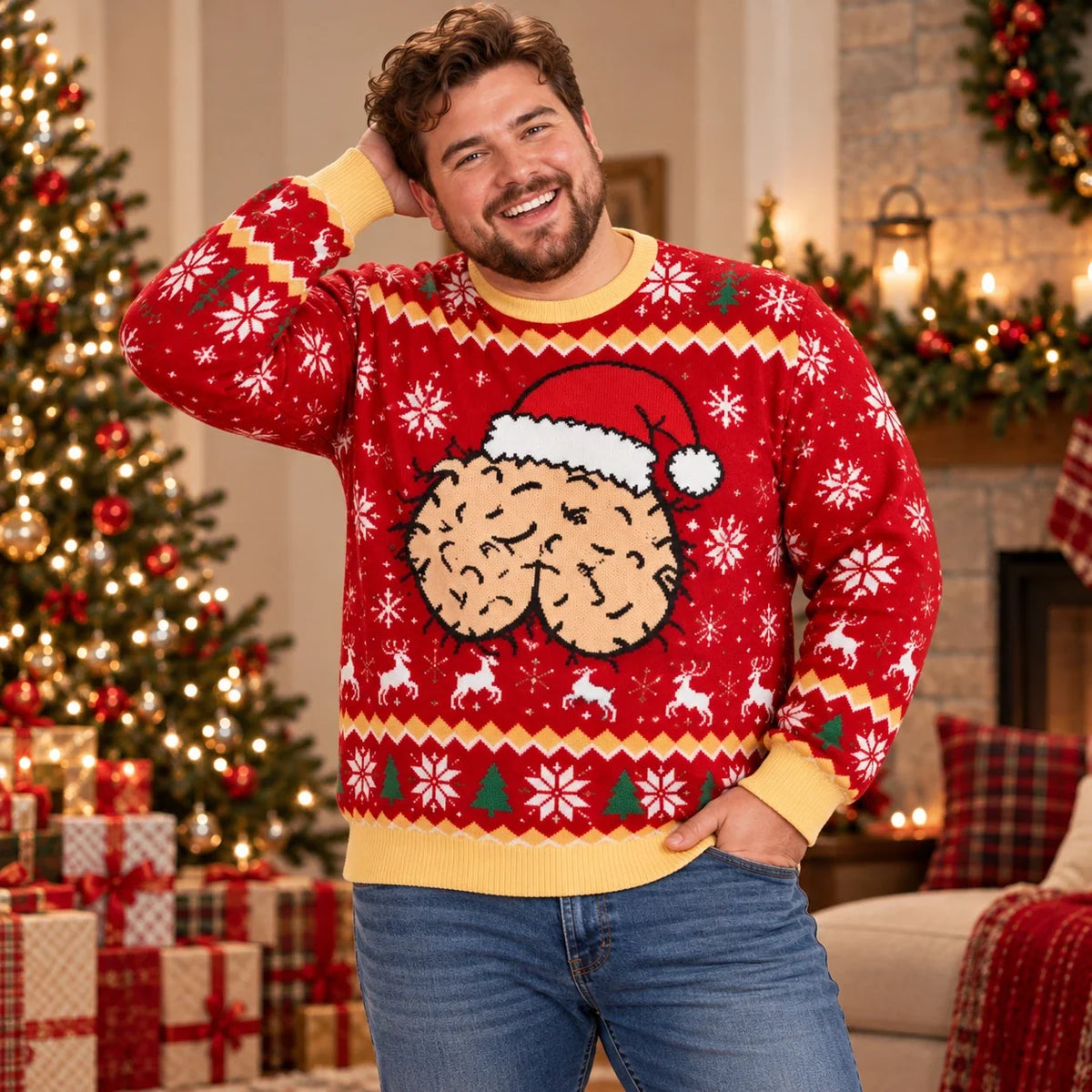 Funny Christmas Ugly Sweater – Men's Red Santa Hat Novelty Holiday Pullover