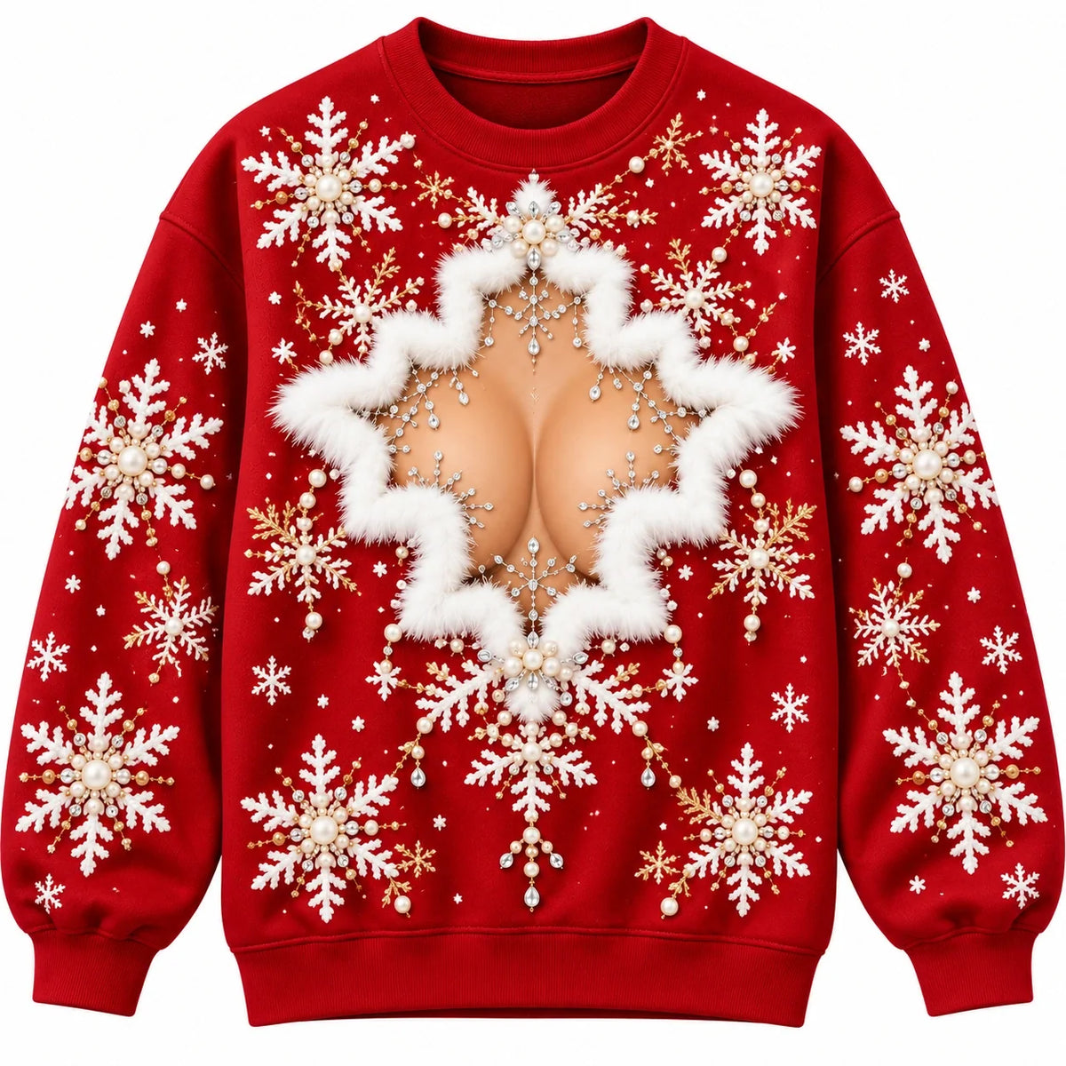 Women’s Funny Christmas Faux Skin Snowflake Sweatshirt – Red Festive Holiday Pullover