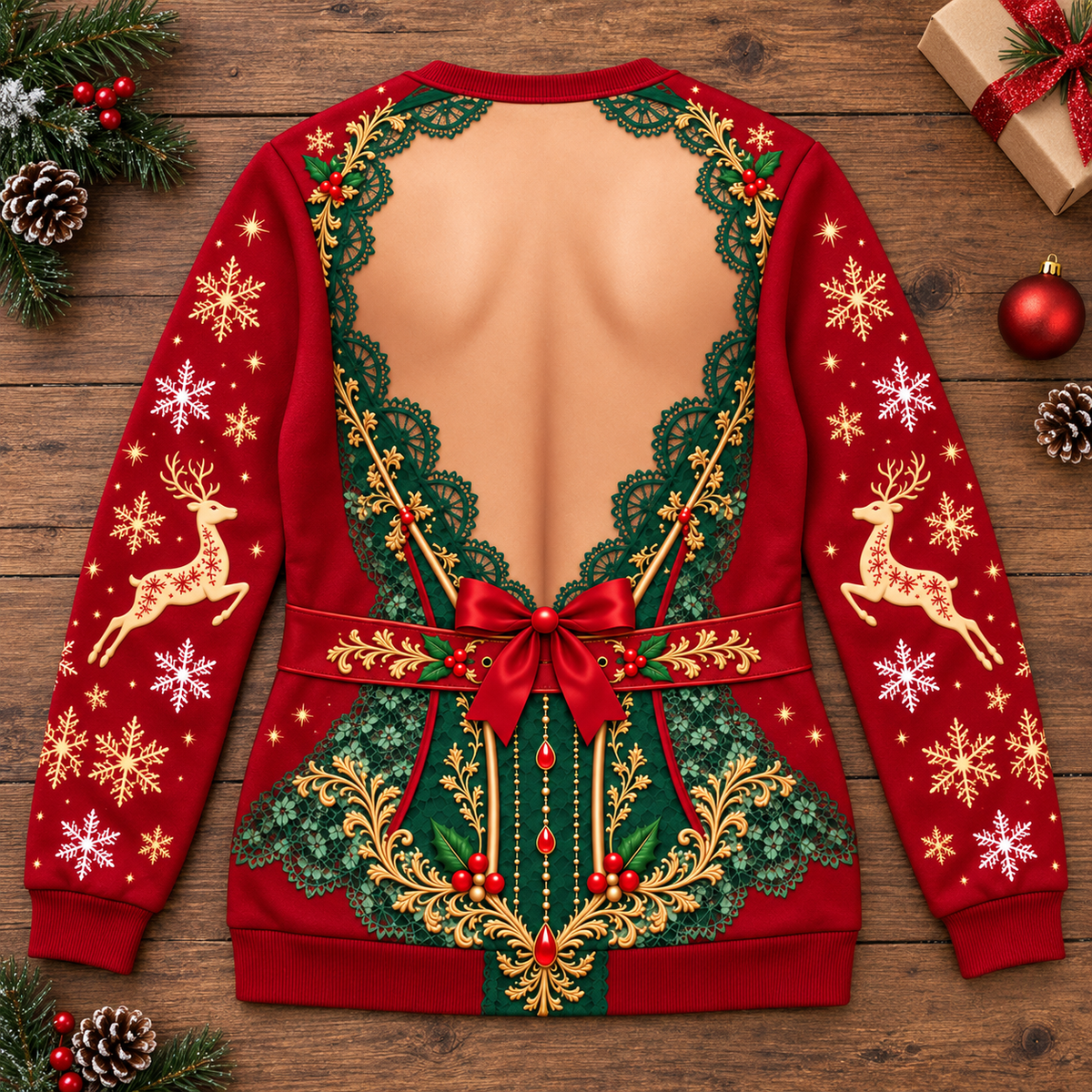 Women’s Reindeer Lace Christmas Sweatshirt – Funny Festive Holiday Pullover