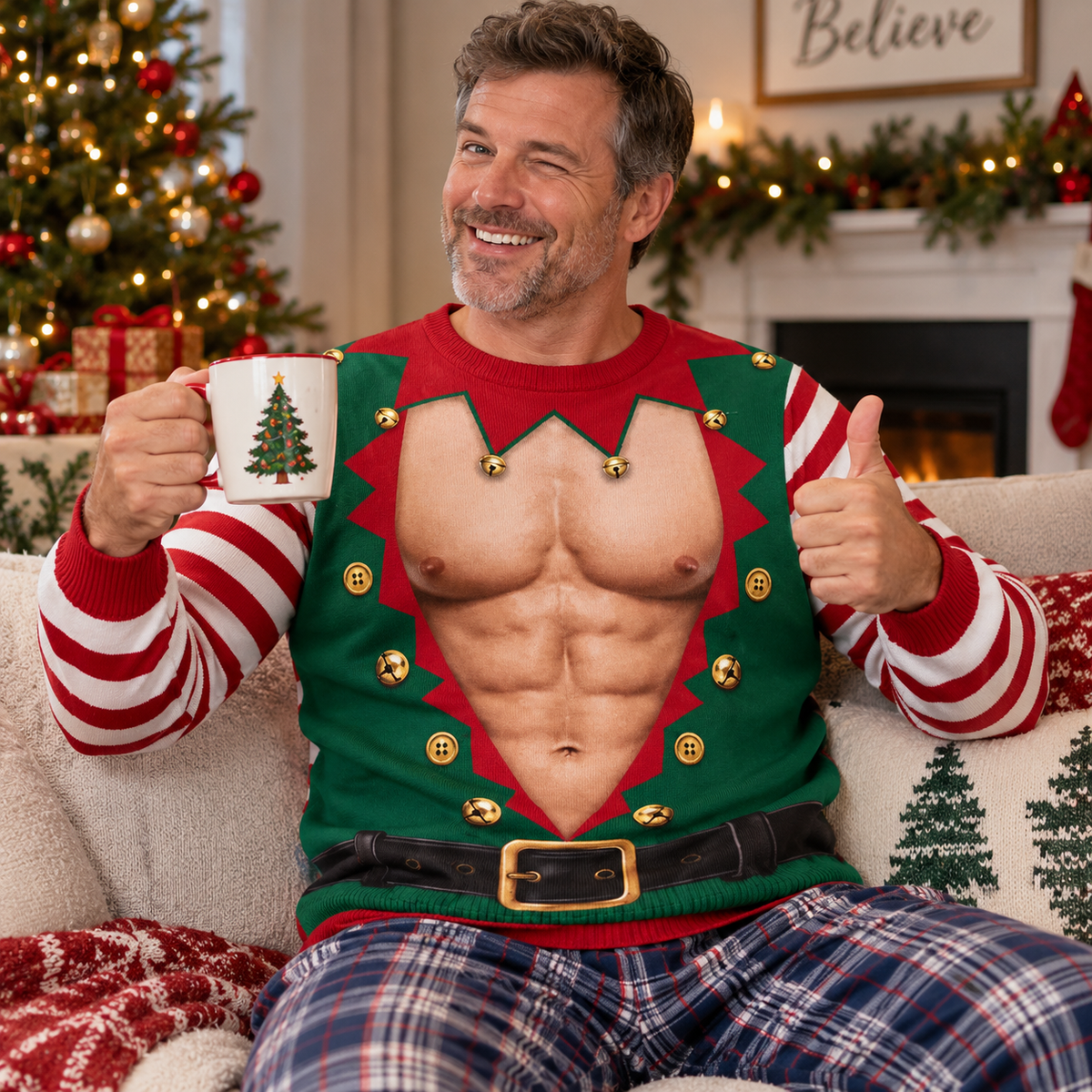Men’s Funny Hairy Chest & Six-Pack Abs Ugly Christmas Sweater – Santa Belt Holiday Sweatshirt