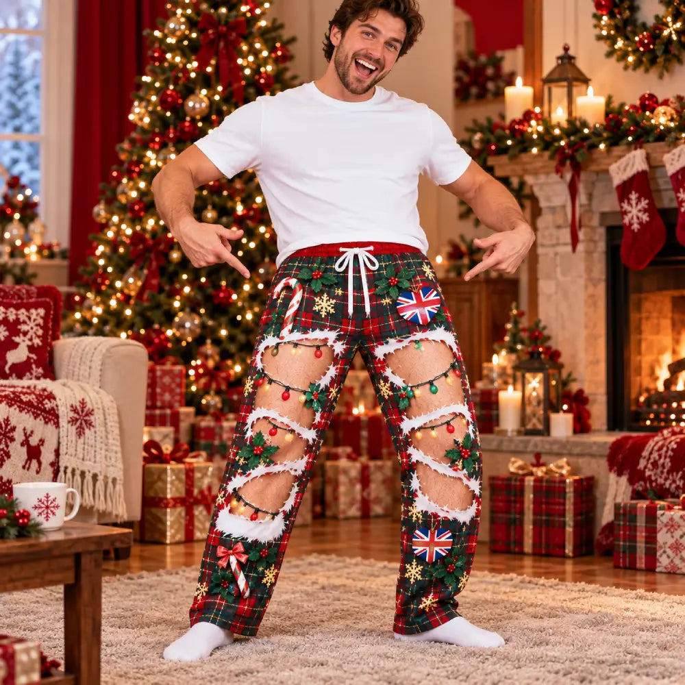 Funny British Christmas Pajama Pants – 3D Skin Illusion Print, Personalized Skin Tone