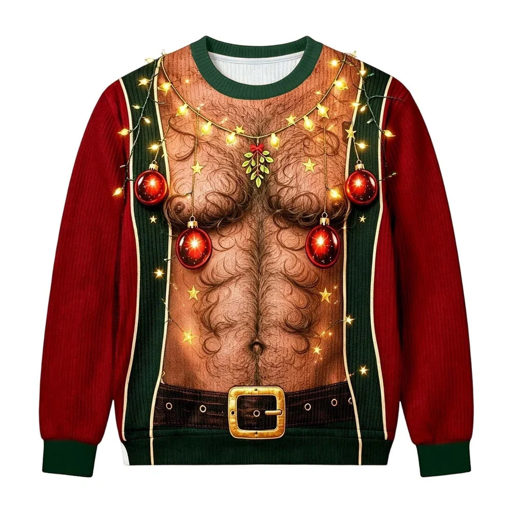 Funny Christmas Sweater for Men, Optical Illusion Christmas Lights Sweater, Fake Open Chest & Belt Design, Novelty Ugly Christmas Sweater