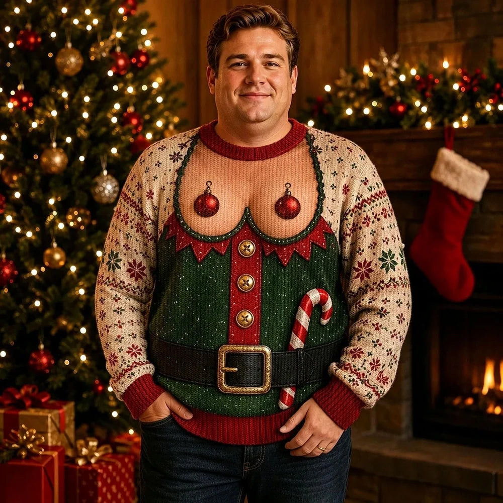 Funny Christmas Sweater for Men, Optical Illusion Elf Sweater, Fake Open Chest & Belt Design, Novelty Ugly Christmas Sweater
