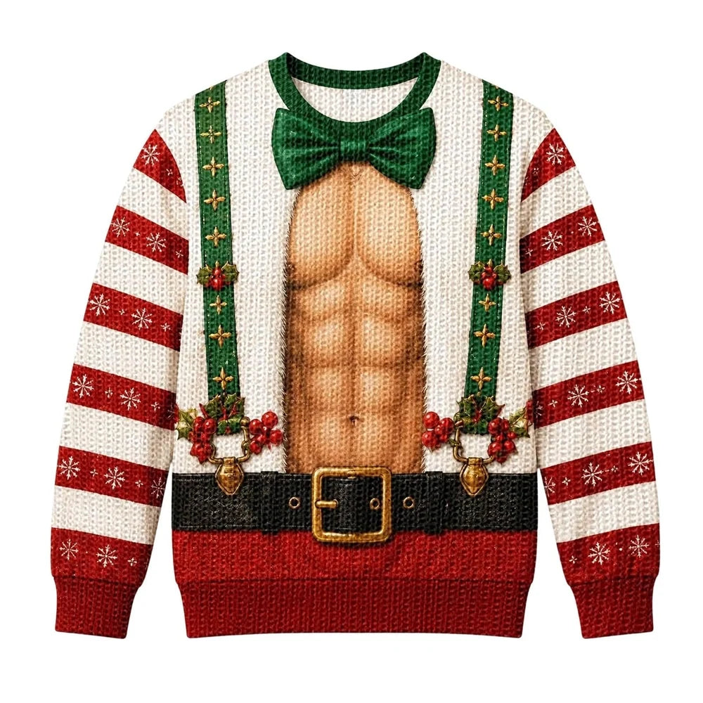 Funny Christmas Sweater for Men, Optical Illusion Santa Sweater, Fake Abs & Belt Design, Novelty Ugly Christmas Sweater