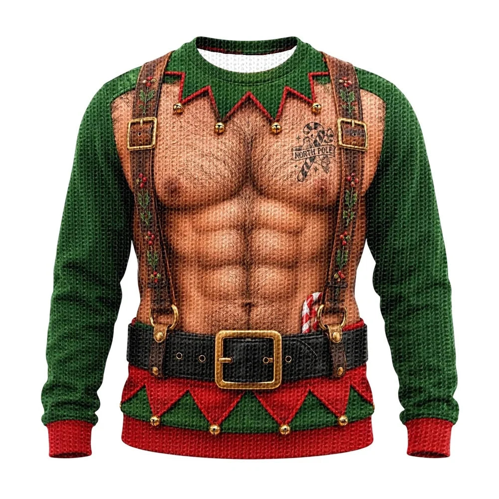 Funny Christmas Elf Sweater for Men, Optical Illusion Ugly Christmas Sweater, Fake Abs & Belt Design, Novelty Holiday Party Gift