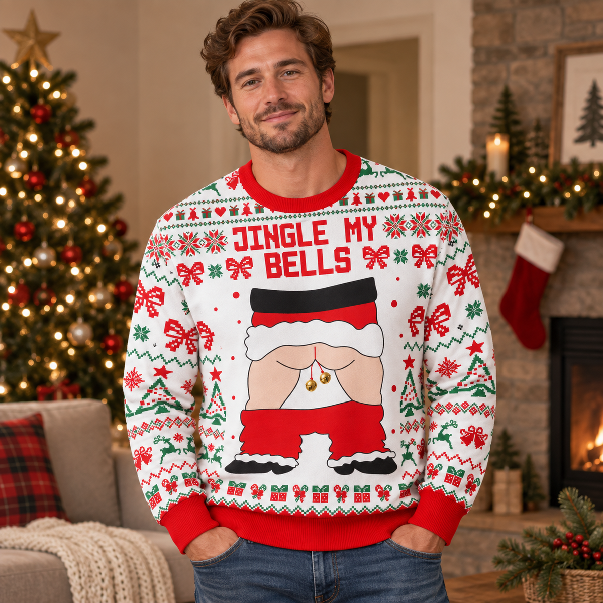 Jingle My Bells Santa Butt Ugly Christmas Sweater – Funny Naughty Holiday Party Sweatshirt