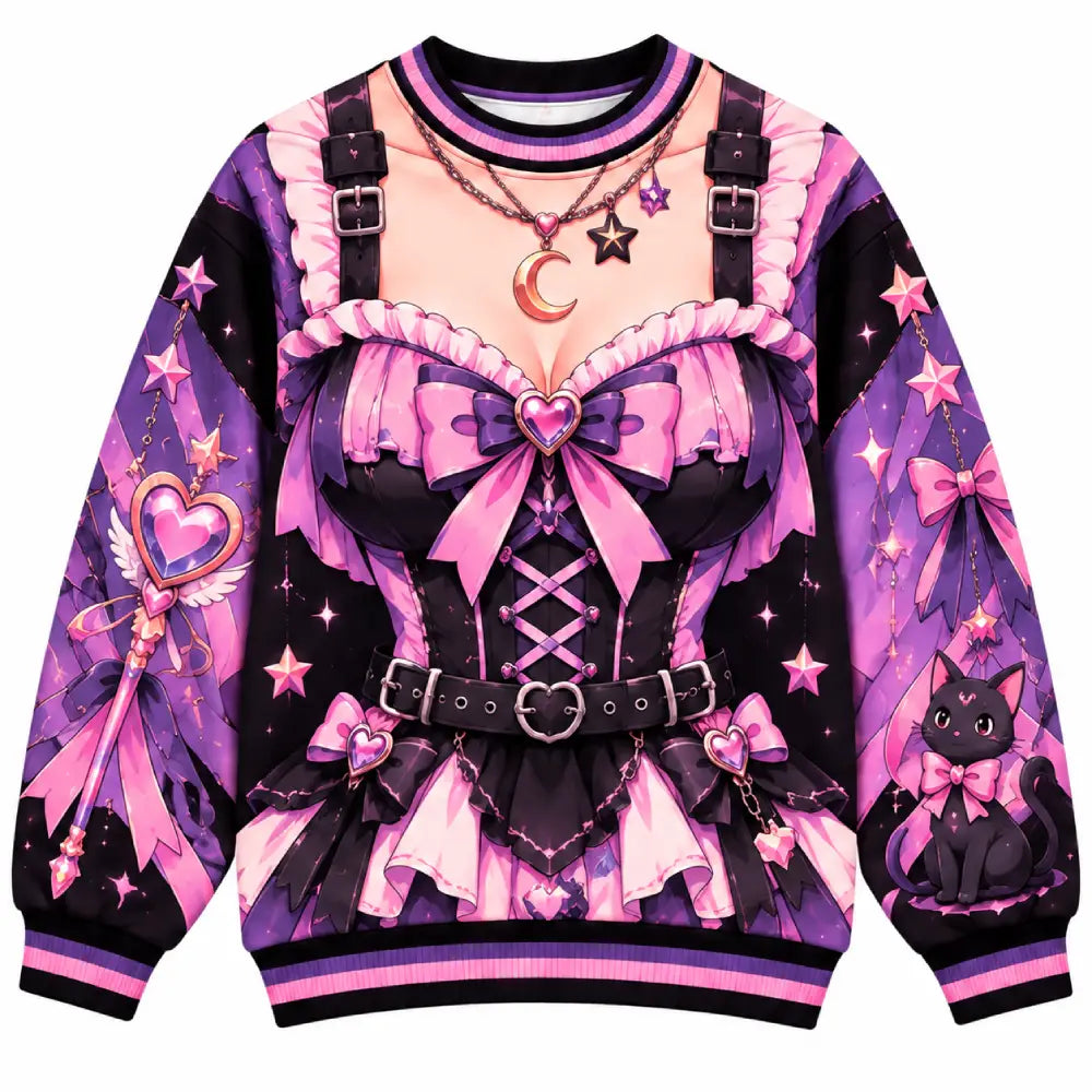 Kawaii Magical Gothic Christmas Sweatshirt, Funny Anime Illusion Printed Crewneck | Purple & Black