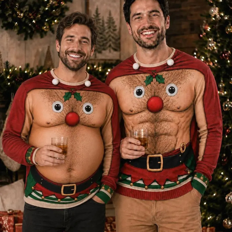 Funny Reindeer Hairy Chest Ugly Christmas Sweater – Printed Holiday Party Sweatshirt