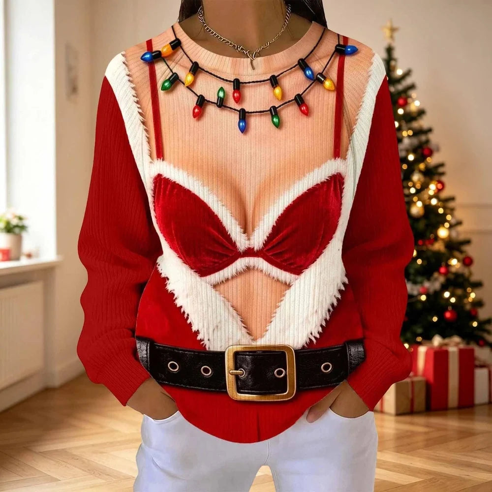 Funny Christmas Illusion Sweater for Women – Santa Lingerie, Belt & Christmas Lights Print