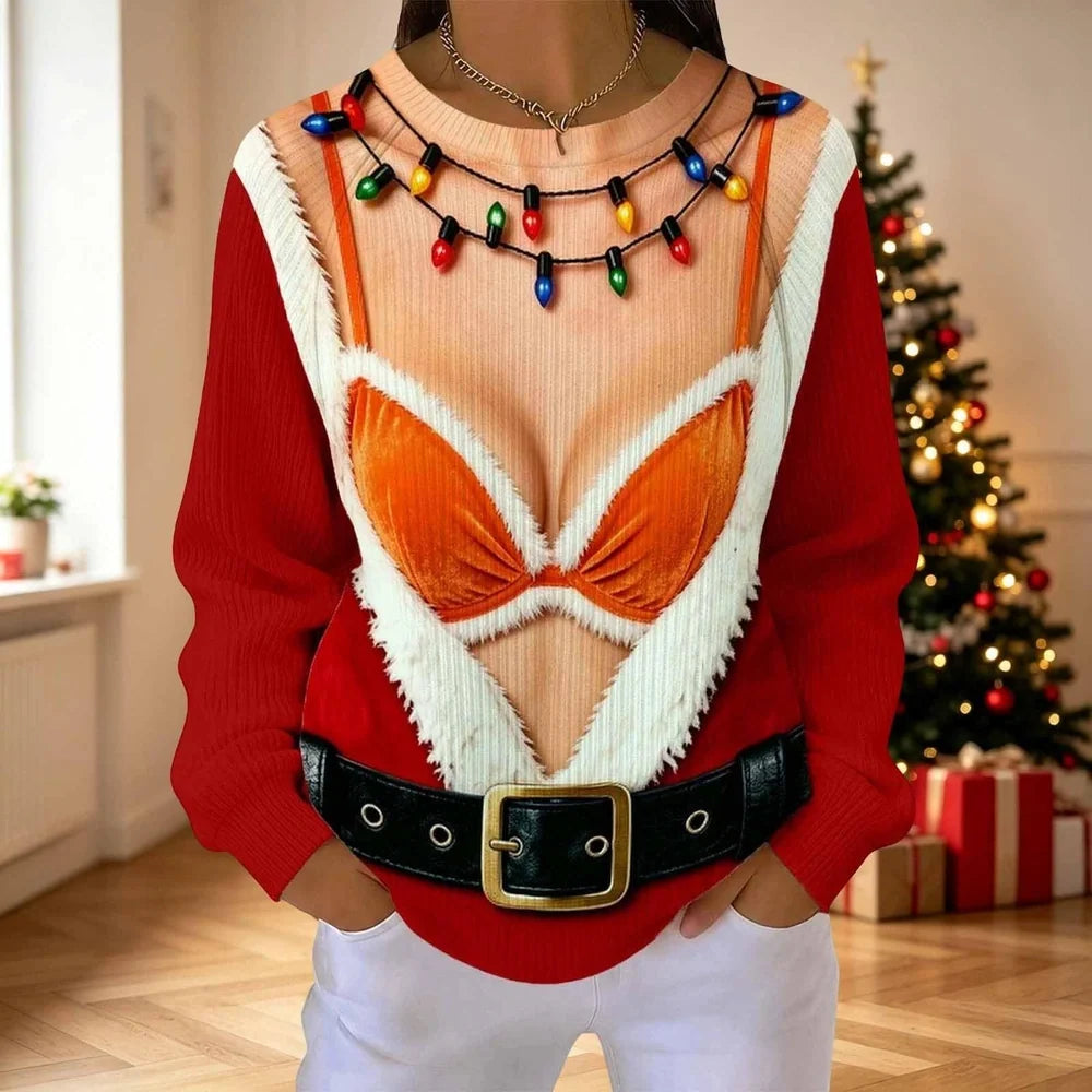 Funny Christmas Sweater for Women – Sexy Santa Optical Illusion Sweater, Faux Lingerie & Belt Print