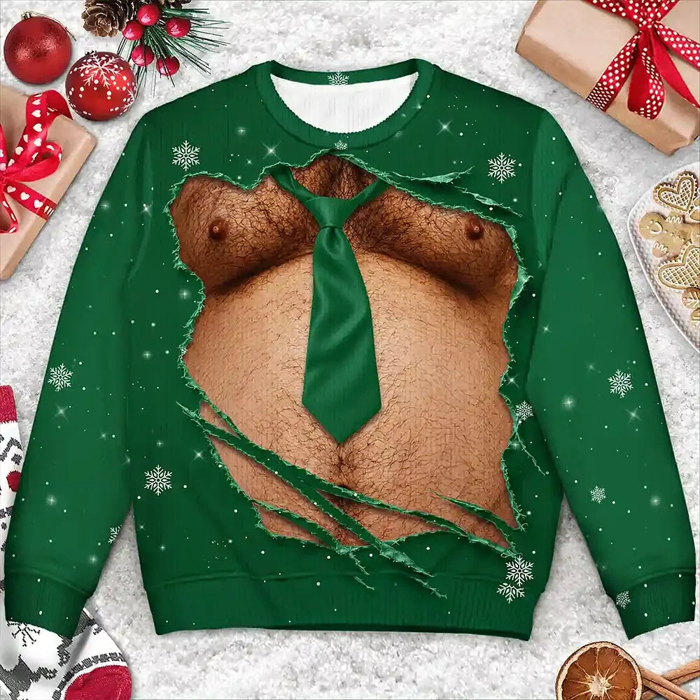 Christmas Gift For Husband Dad Grandpa - Personalized Funny Hairy Belly Abs Body Unisex Ugly Sweater