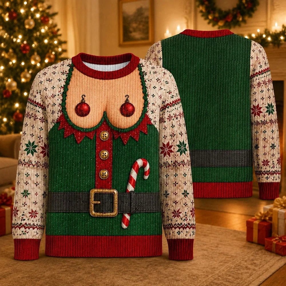 Funny Christmas Sweater for Men, Optical Illusion Elf Sweater, Fake Open Chest & Belt Design, Novelty Ugly Christmas Sweater
