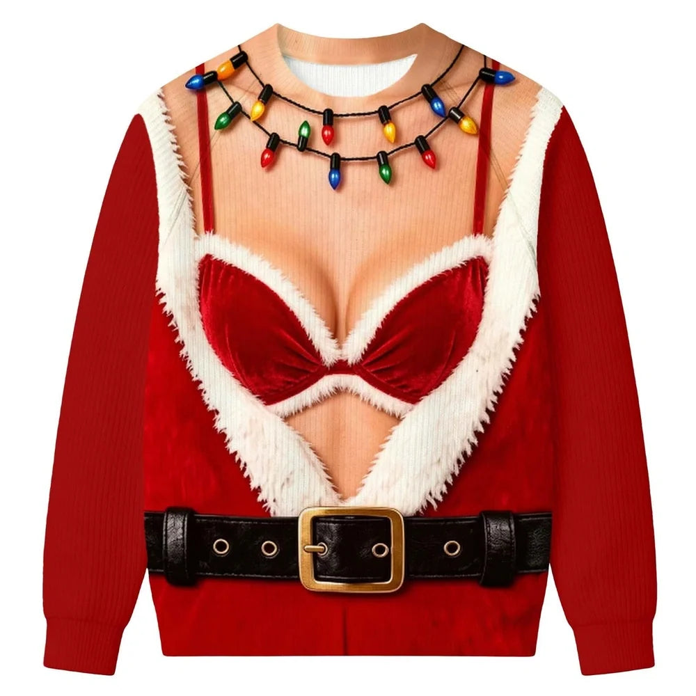 Funny Christmas Illusion Sweater for Women – Santa Lingerie, Belt & Christmas Lights Print