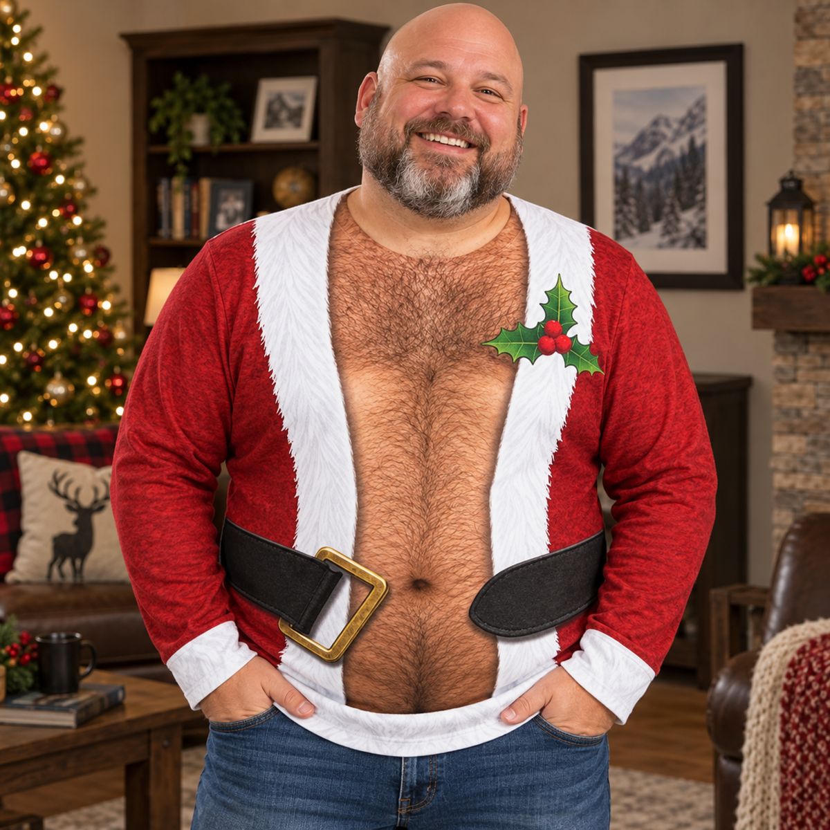 Custom Skin Tone Santa Hairy Chest Ugly Christmas Sweater – Funny Open Suit Body Illusion Sweatshirt