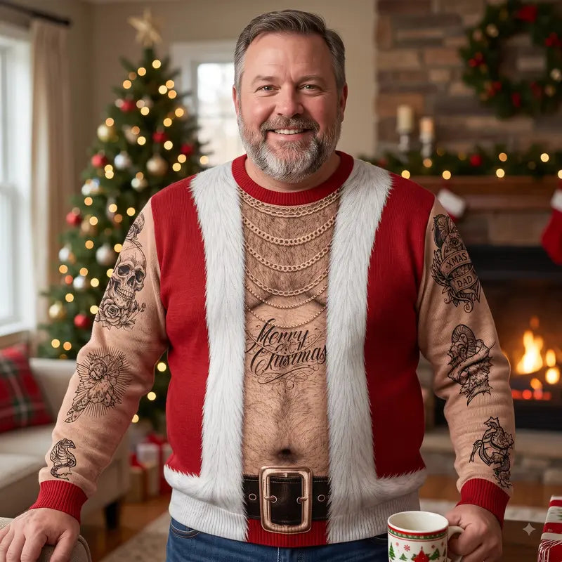 Custom Skin Tone Bad Santa Tattoo Sleeve Crewneck – Funny Hairy Chest Ugly Christmas Sweatshirt