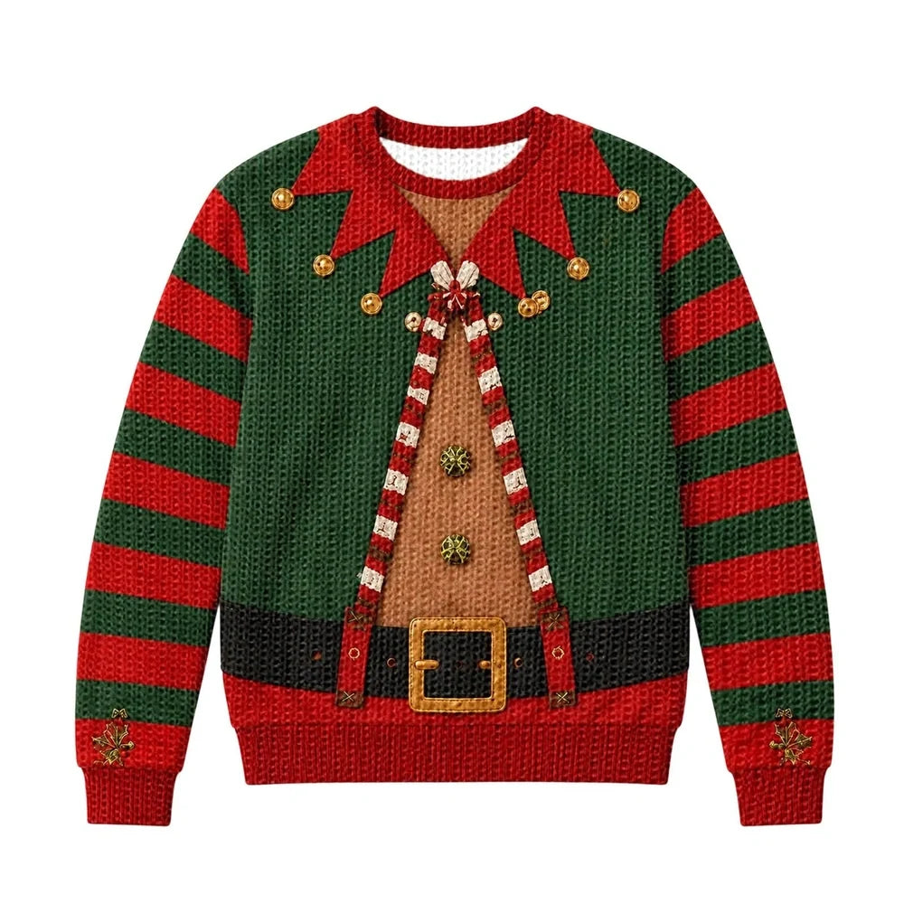 Funny Christmas Elf Sweater, Optical Illusion Ugly Christmas Sweater, Fake Belt & Open Vest Design, Novelty Holiday Party Gift