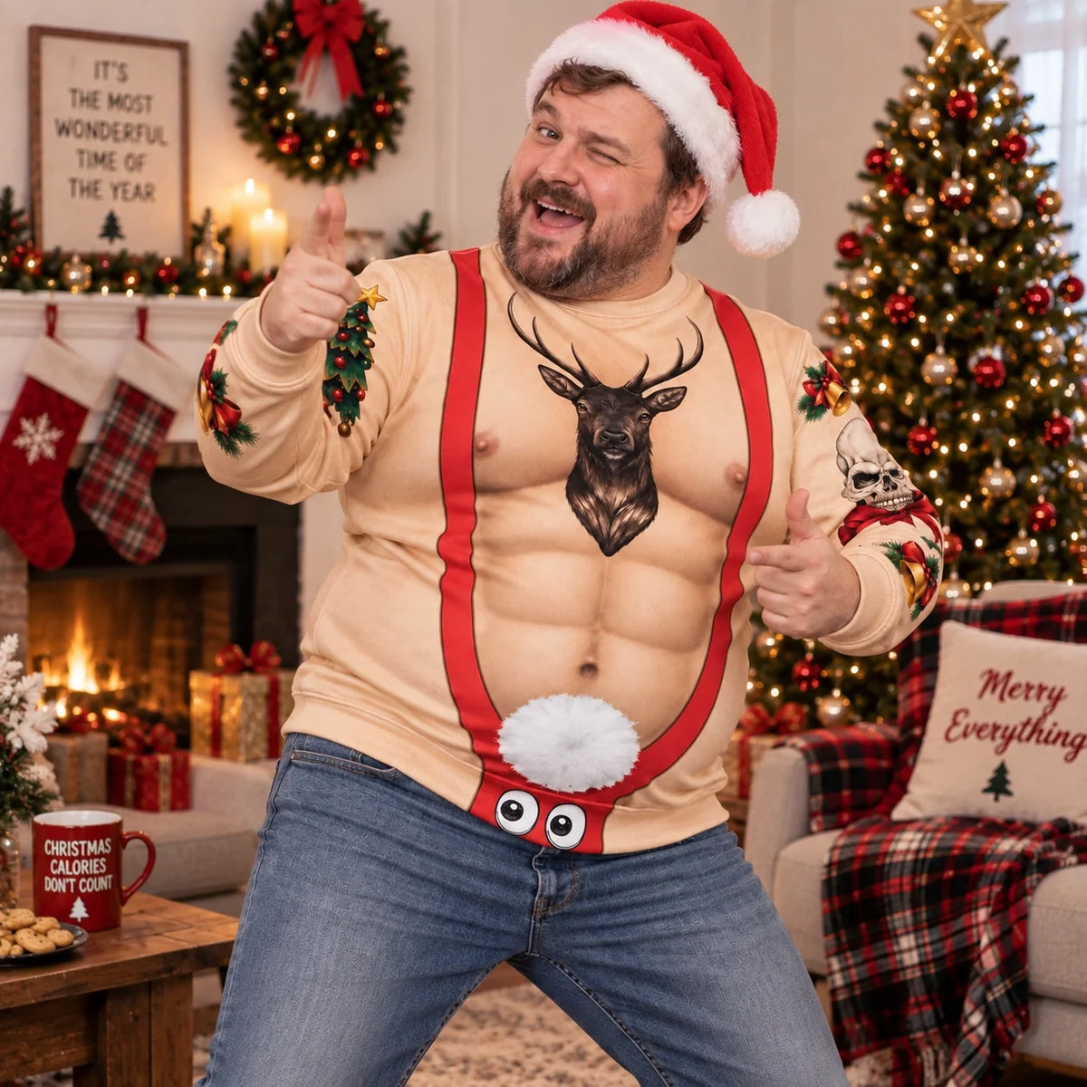 Funny Christmas Reindeer Muscle Sweater – Faux Abs Ugly Christmas Sweatshirt