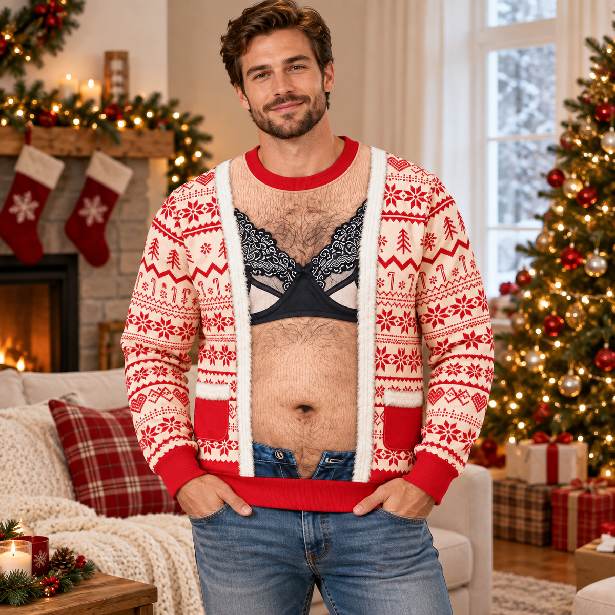 Funny Lace Bra Body Illusion Christmas Sweatshirt – Men’s Ugly Christmas Novelty Pullover