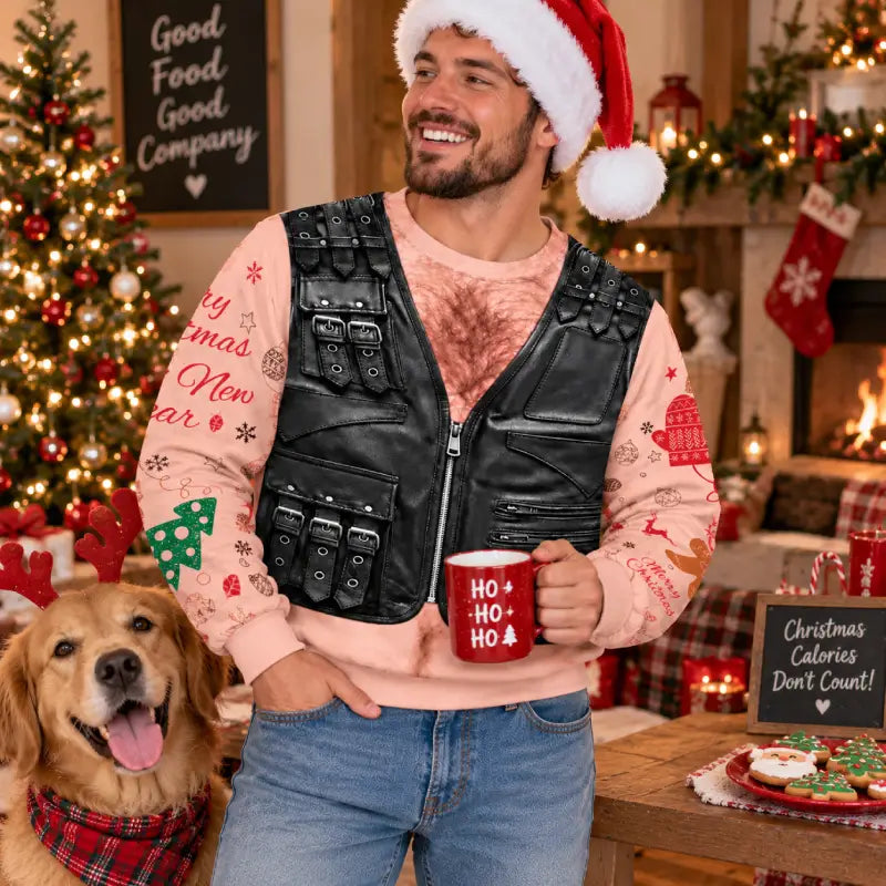 Funny Christmas Leather Vest Sweatshirt | Holiday Gift