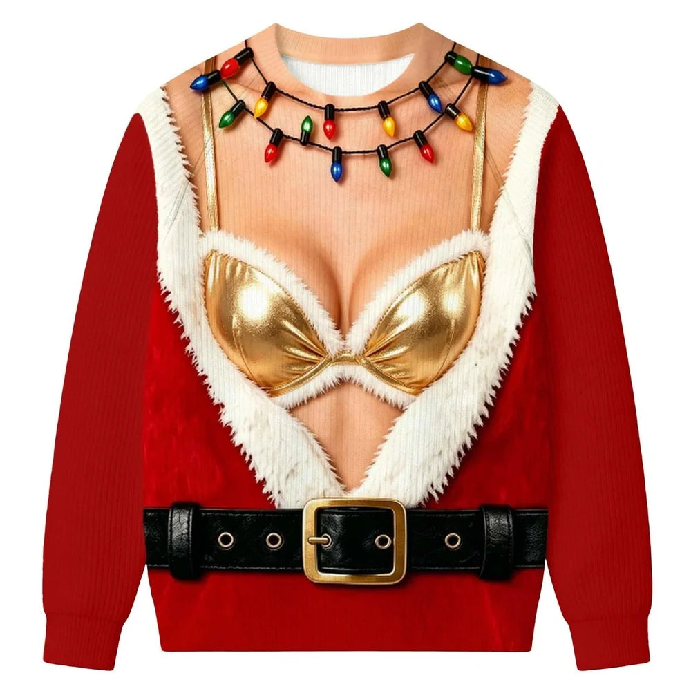 Funny Christmas Illusion Sweater – Golden Lingerie & Santa Belt Print
