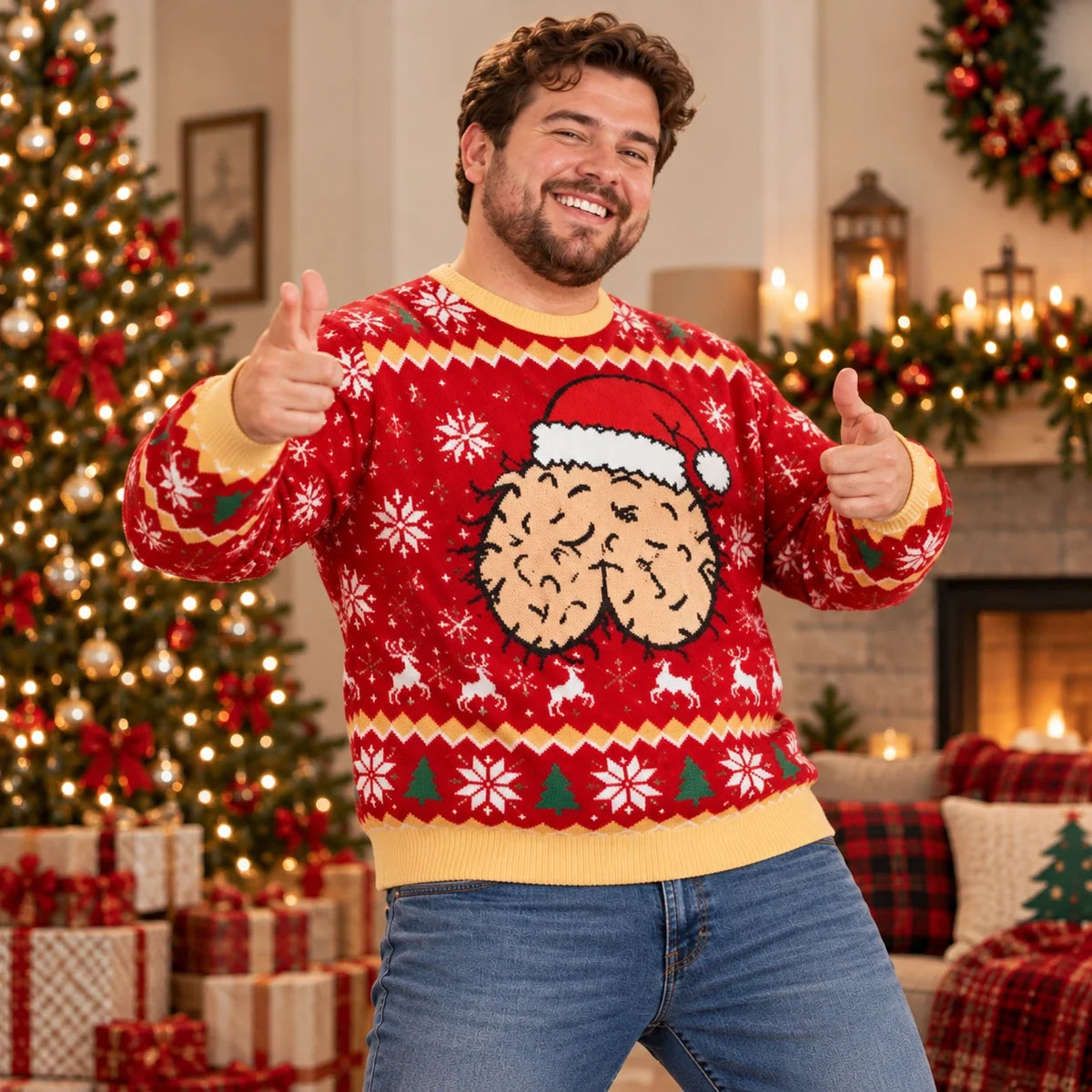 Funny Christmas Ugly Sweater – Men's Red Santa Hat Novelty Holiday Pullover