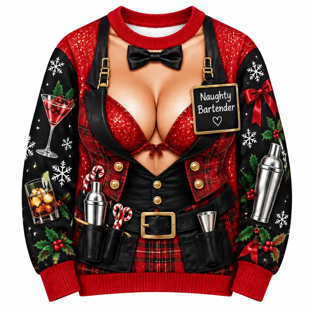 Naughty Bartender Christmas Sweater – Funny 3D Illusion Print