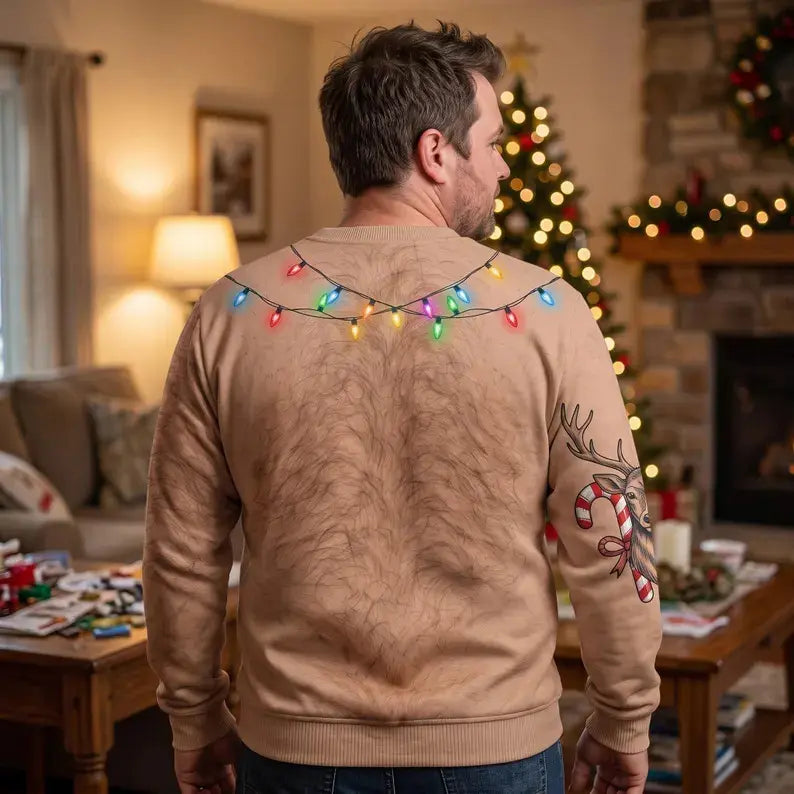 Custom Skin Tone Reindeer Hairy Chest Ugly Christmas Sweater – Funny Body Illusion Holiday Sweatshirt