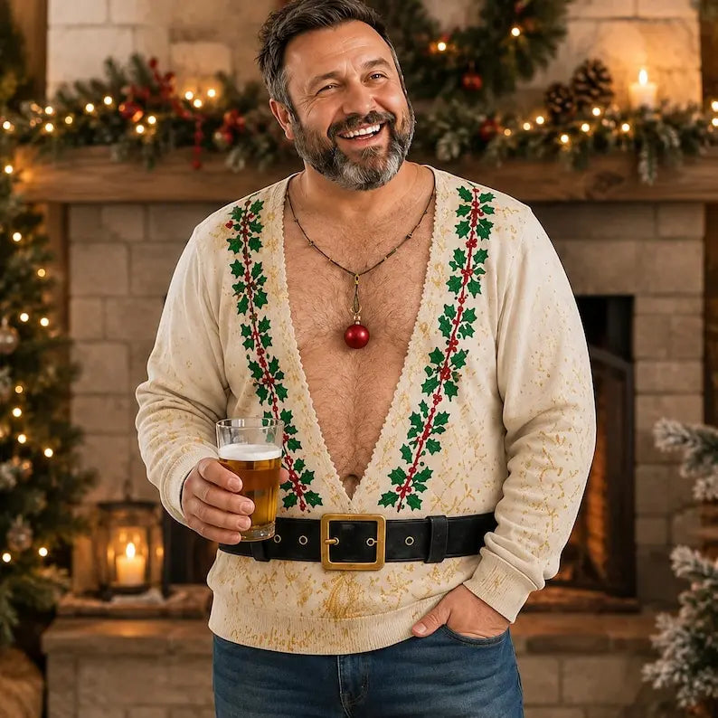 Funny Hairy Chest & Six-Pack Abs Ugly Christmas Sweater – Santa Belt Holiday Party Sweatshirt