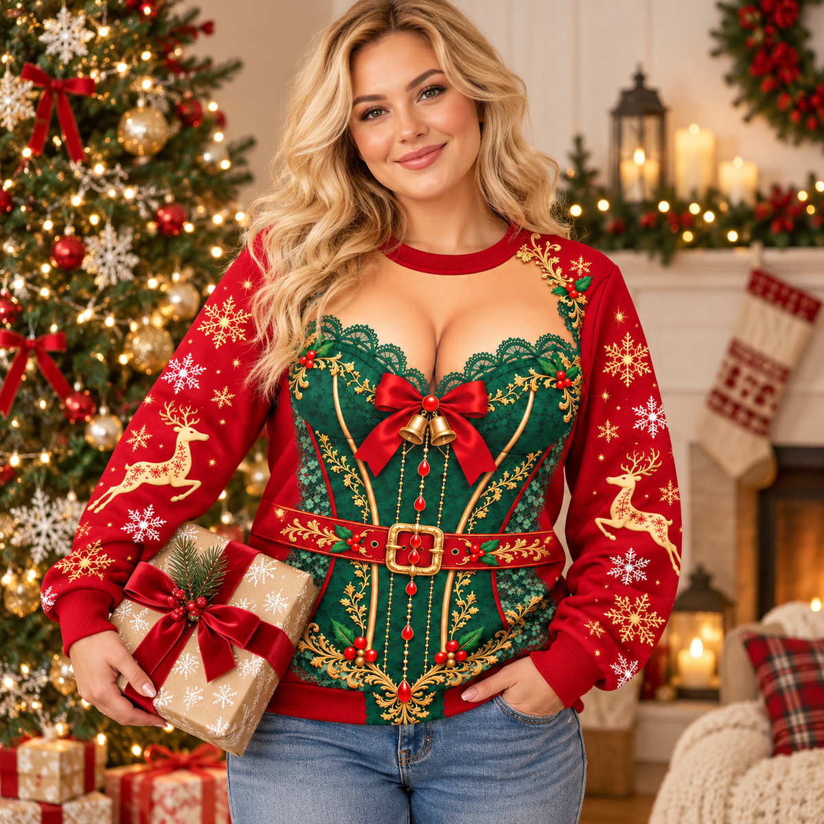 Women’s Reindeer Lace Christmas Sweatshirt – Funny Festive Holiday Pullover