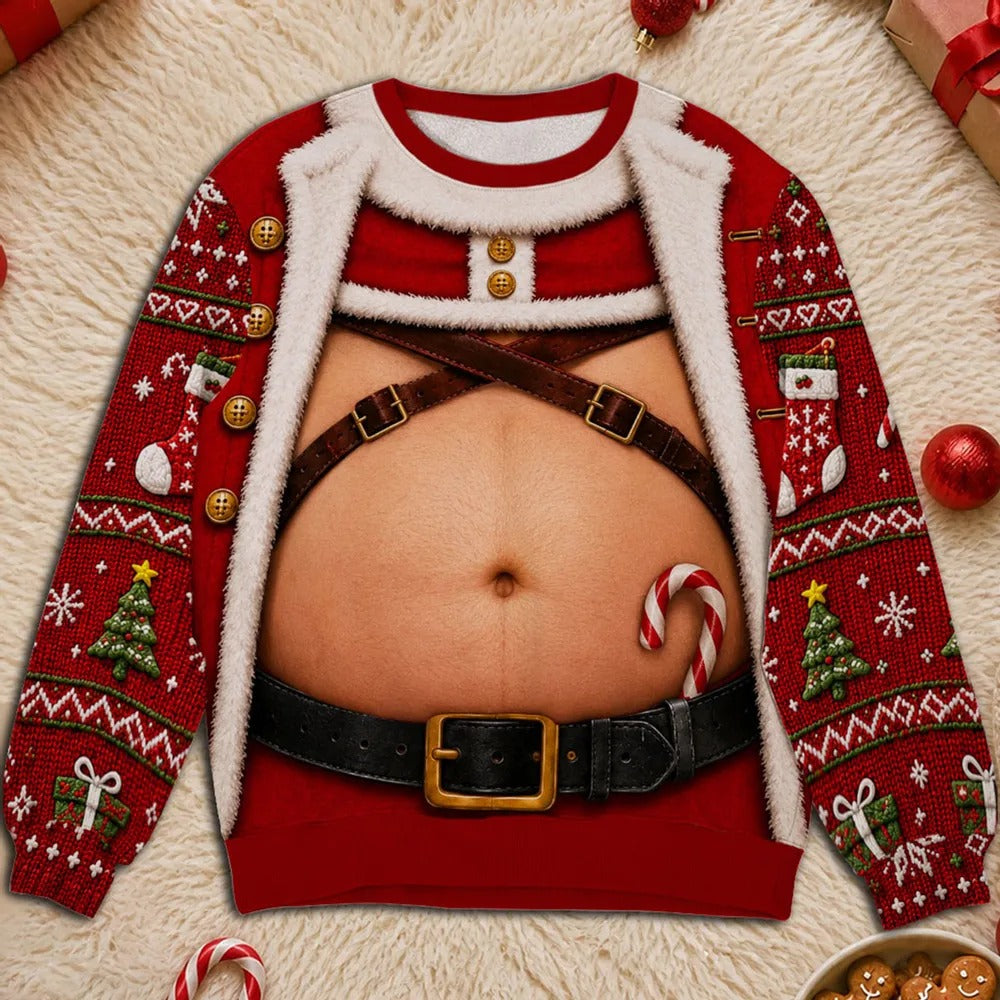 Personalized Santa Body Christmas Sweatshirt – Funny 3D Holiday Ugly Sweater, Unisex Christmas Gift
