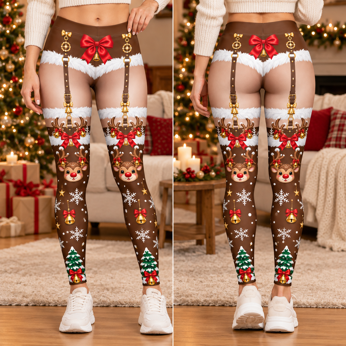 Funny Santa Lingerie Illusion Christmas Leggings – Women’s Sexy Holiday Party Pants