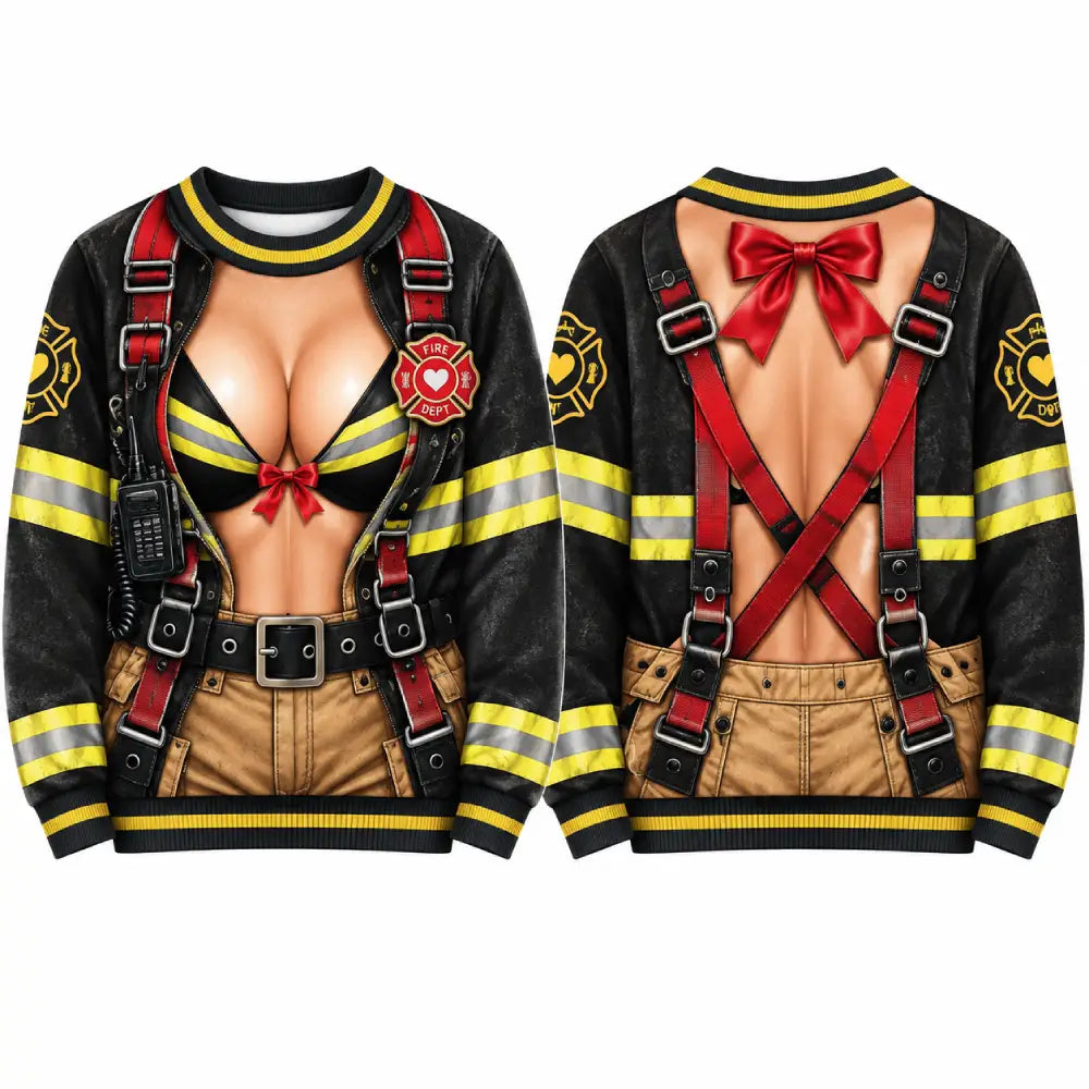 Naughty Firefighter Christmas Sweater – Funny 3D Illusion Print