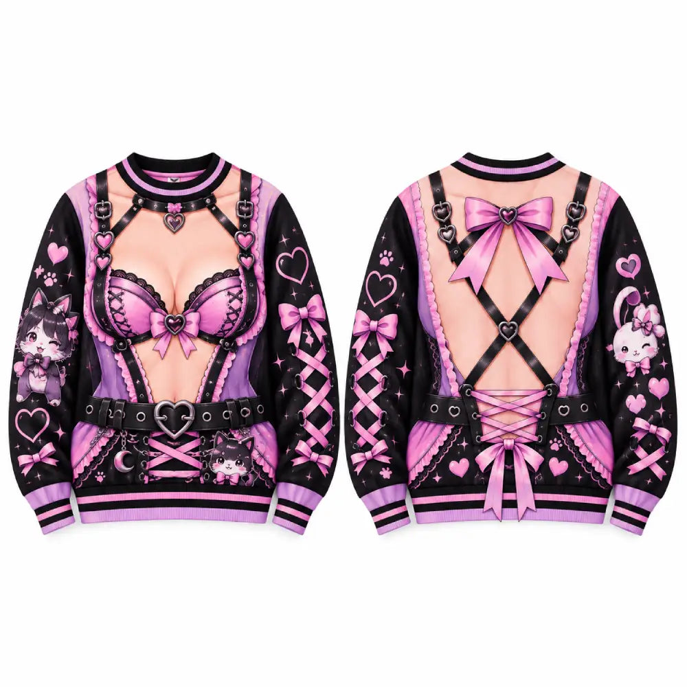 Kawaii Gothic Christmas Illusion Sweatshirt, Funny Anime Pink & Purple Printed Christmas Crewneck