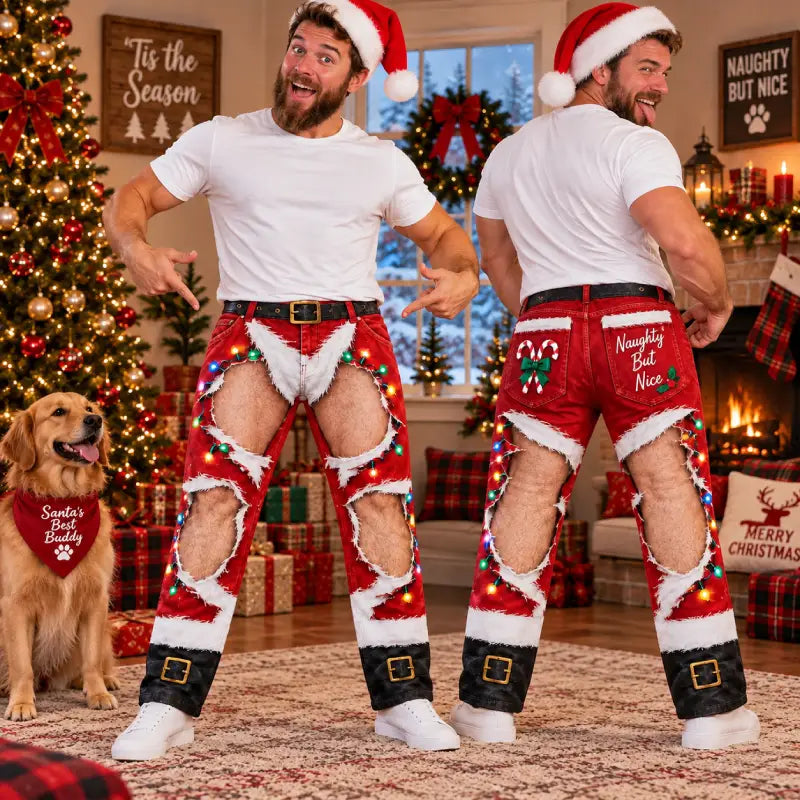Funny Santa Ripped Illusion Christmas Pajama Pants – Naughty But Nice Holiday Lounge Pants