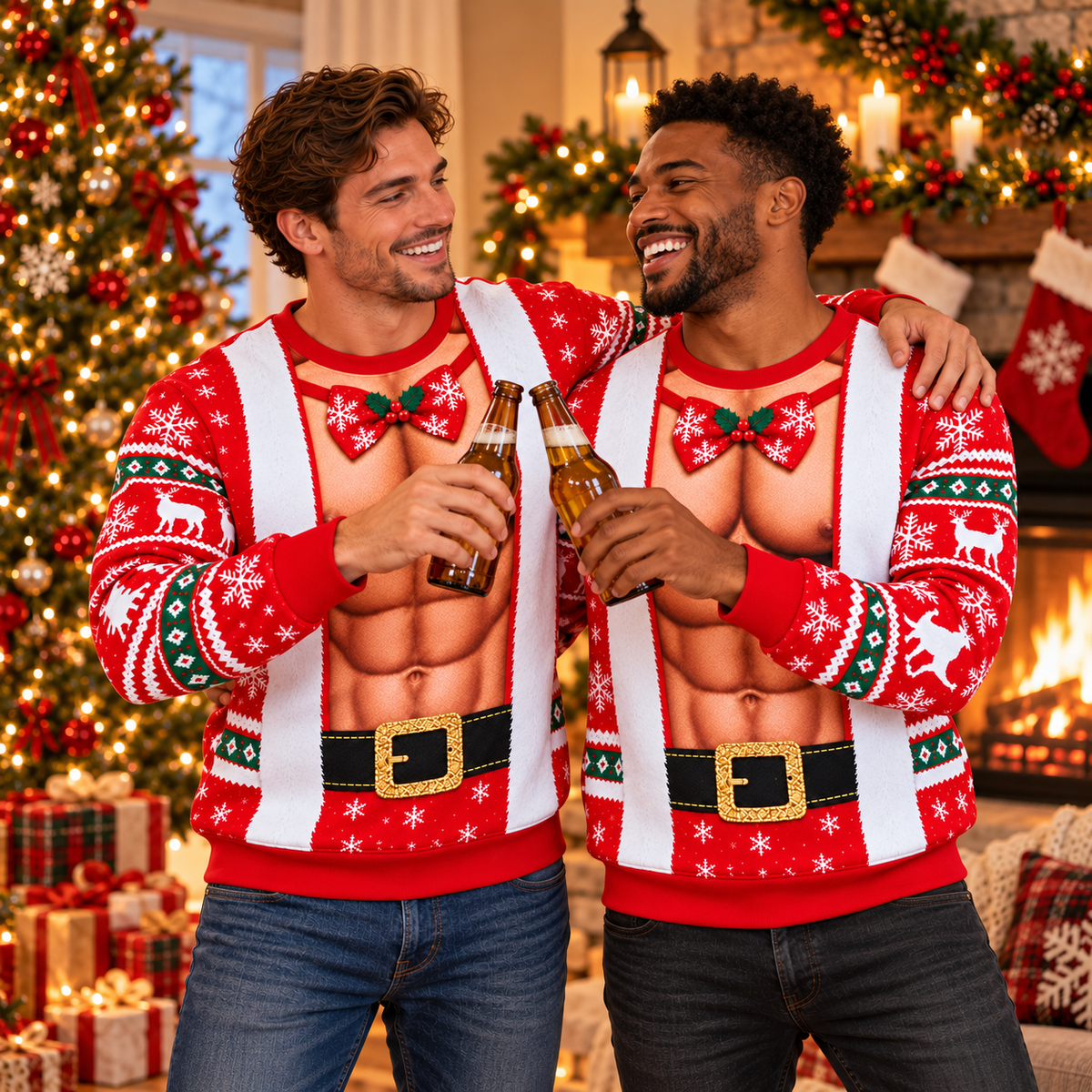 Funny Santa Abs Print Sweatshirt – Custom Skin Tone Christmas Pullover