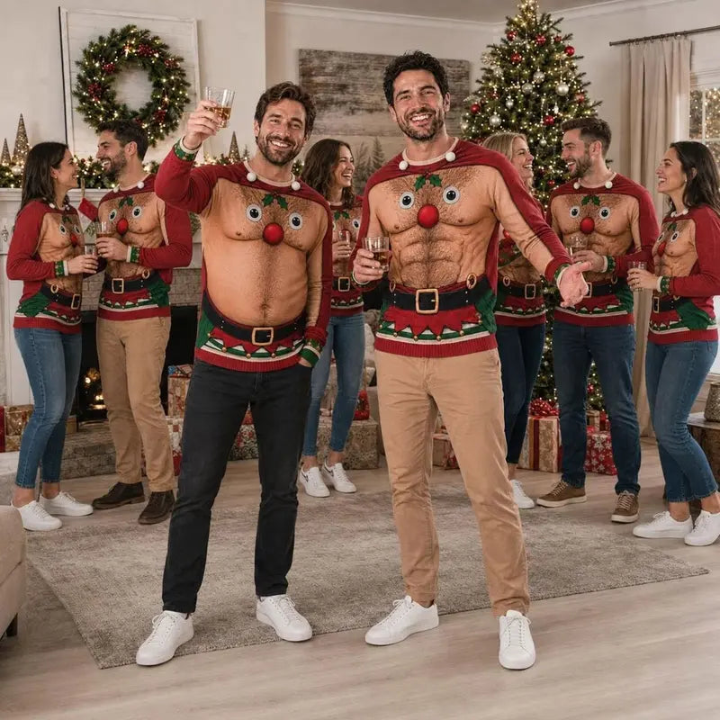 Funny Reindeer Hairy Chest Ugly Christmas Sweater – Printed Holiday Party Sweatshirt