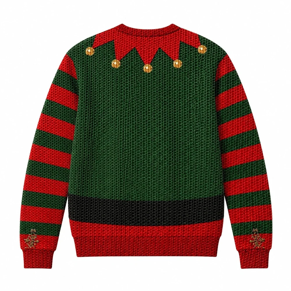 Funny Christmas Elf Sweater, Optical Illusion Ugly Christmas Sweater, Fake Belt & Open Vest Design, Novelty Holiday Party Gift