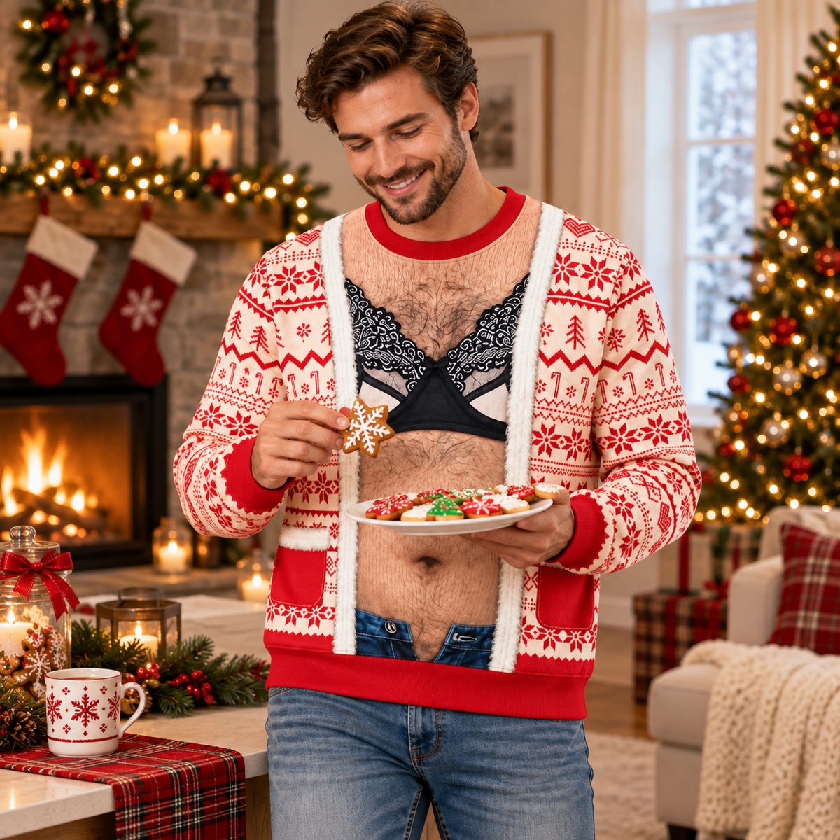 Funny Lace Bra Body Illusion Christmas Sweatshirt – Men’s Ugly Christmas Novelty Pullover