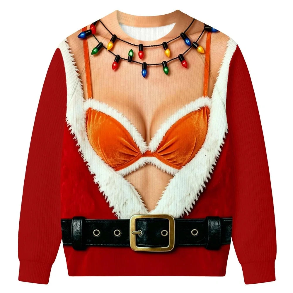 Funny Christmas Sweater for Women – Sexy Santa Optical Illusion Sweater, Faux Lingerie & Belt Print