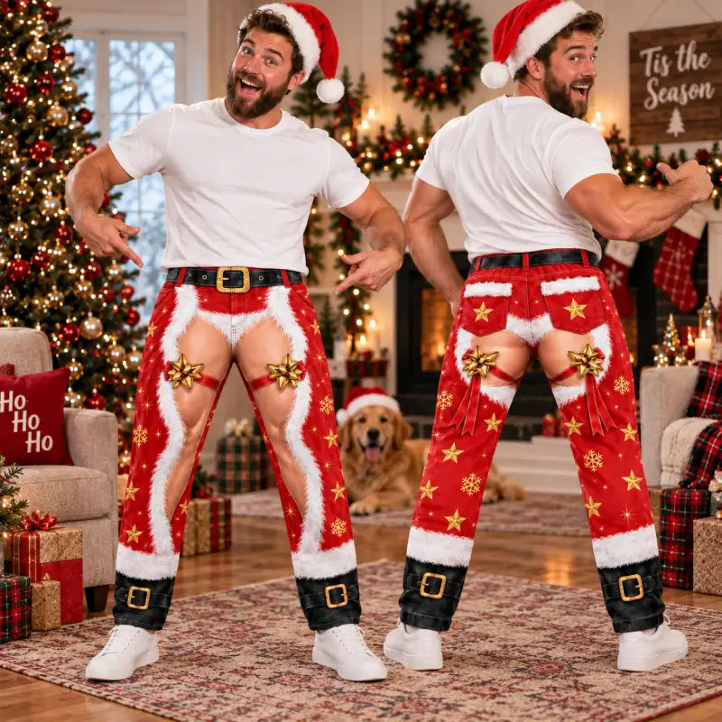 Funny Santa Ripped Illusion Christmas Pajama Pants – Faux Belt Holiday Lounge Pants
