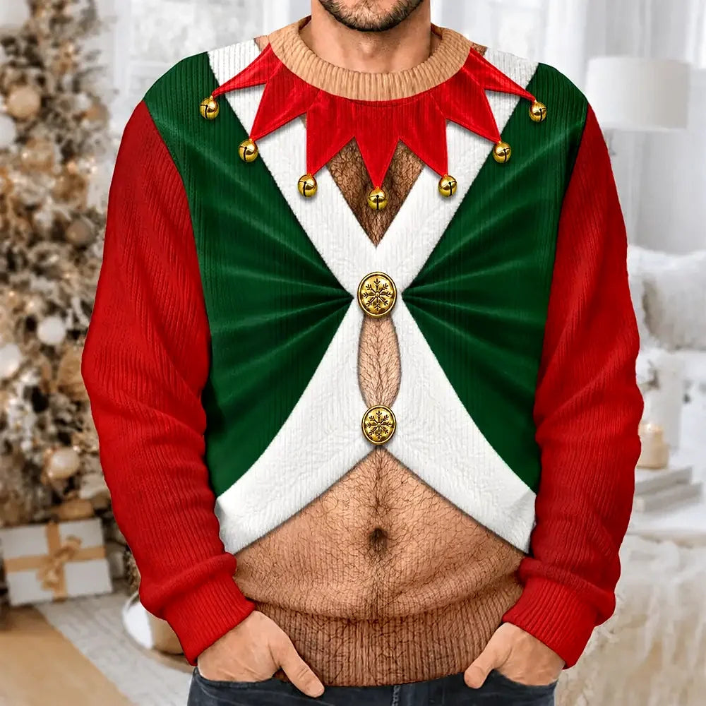 Christmas Gift For Husband Dad Grandpa - Personalized Santa Elf Hairy Belly Unisex Ugly Sweater