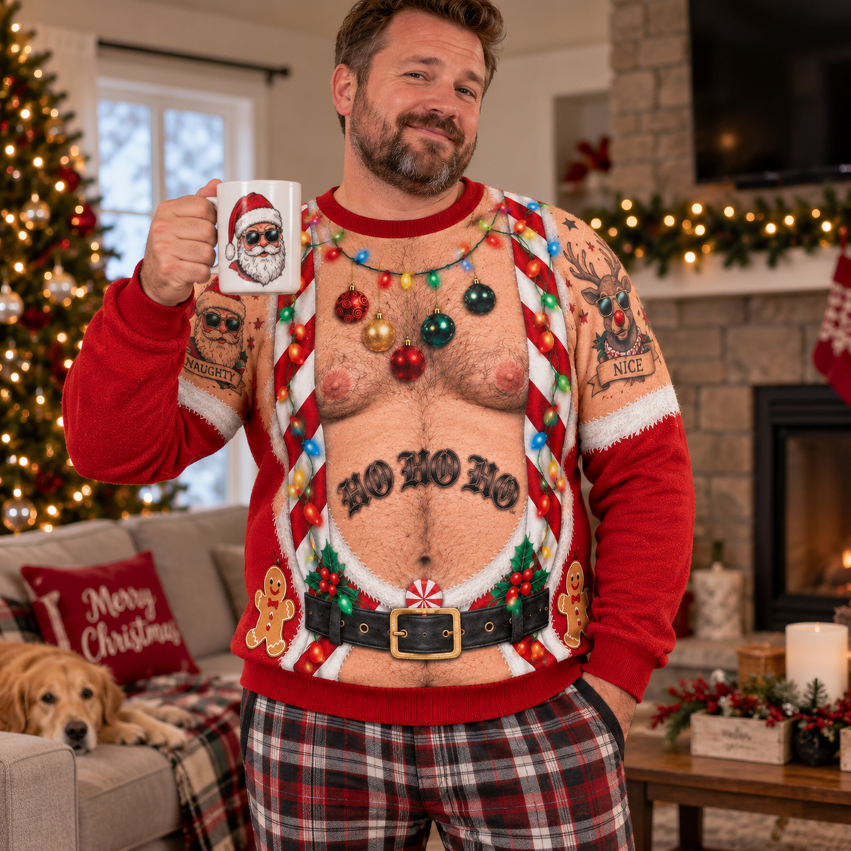 Custom Skin Tone Christmas Sweatshirt – Funny Printed Santa Body Illusion Sweater
