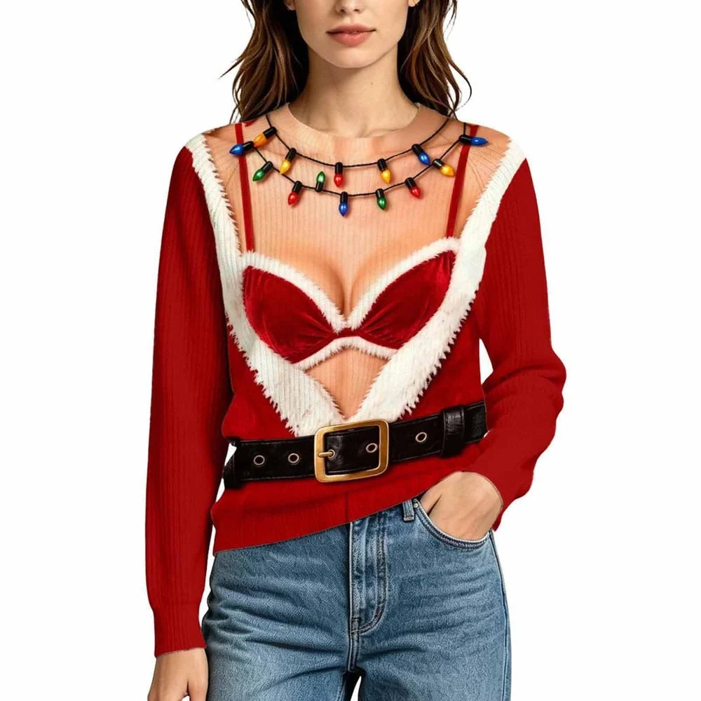 Funny Christmas Illusion Sweater for Women – Santa Lingerie, Belt & Christmas Lights Print