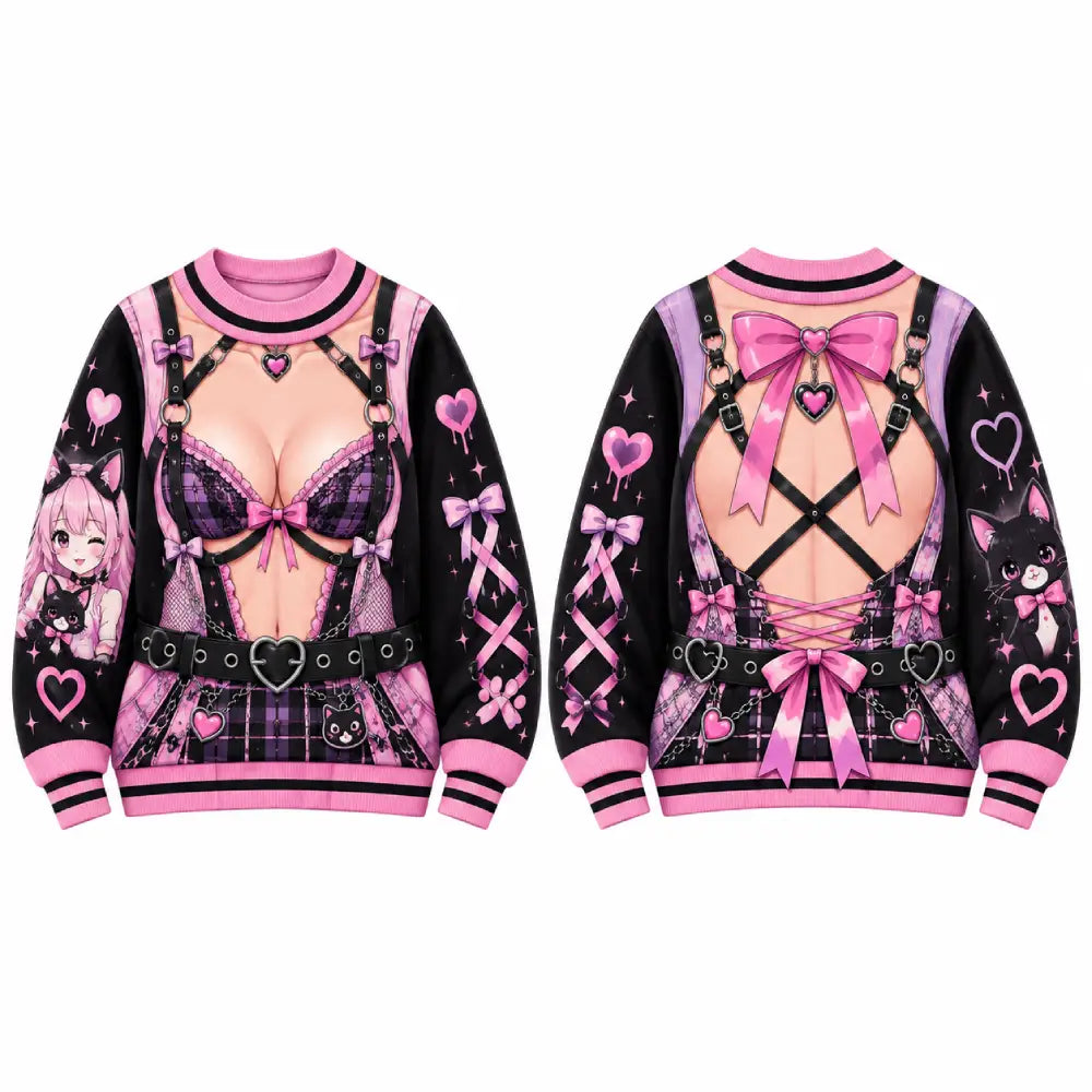 Kawaii Gothic Christmas Illusion Sweatshirt, Funny Anime Pink & Purple Printed Christmas Crewneck